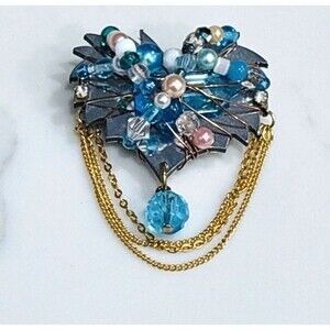 Liztech Brooch Heart Beads Dangle Blue Pink Gold Tone Chains 1992 Signed Pin
